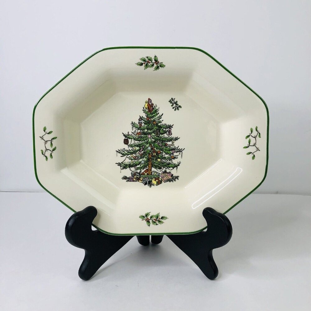 Spode Christmas Tree Octagonal Serving Bowl Candy Dish Green Trim Centerpiece